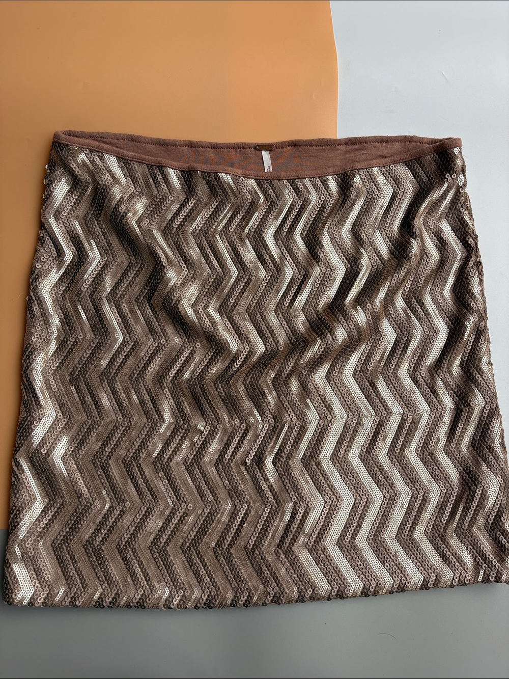 Free People Brown and Cream Chevron Sequin Mini Skirt